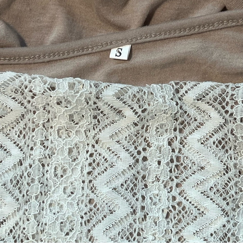 Tan Beige Tiered Dress Lace Trim 3/4 Sleeve Casual Bohemian Neutral Small - Picture 6 of 6